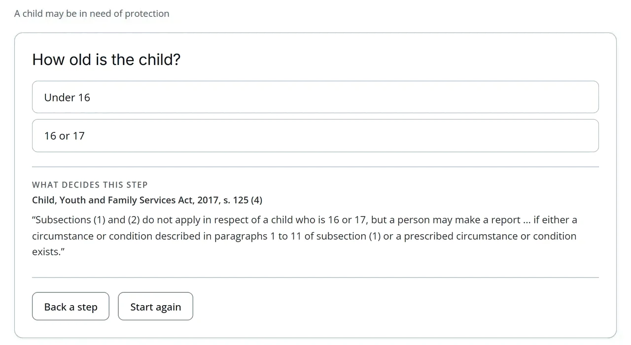 The duty to report diagram one step in: it asks how old the child is and quotes section 125 (4) of the Child, Youth and Family Services Act, 2017.