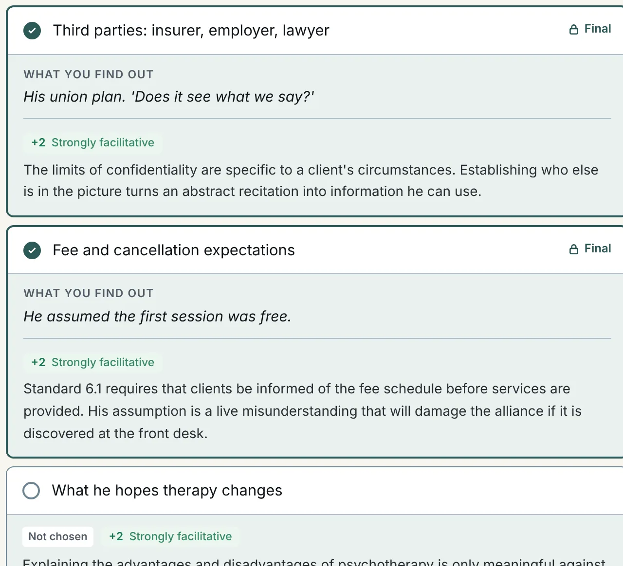 Two chosen options after checking, each with what you find out, its weight and the reason: third parties and fee expectations, each +2 Strongly facilitative, and an option not chosen with its weight.