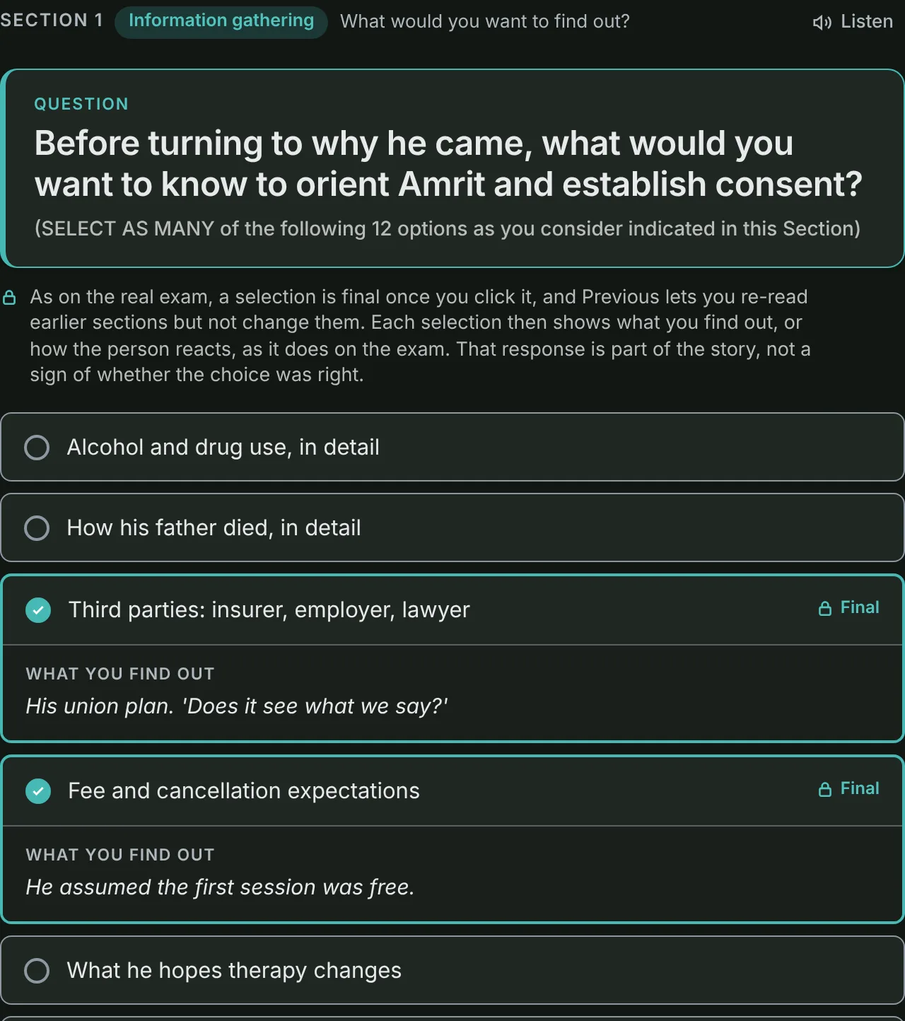 The first section of the Amrit case: the question on orienting a new client and establishing consent in its own card, two of twelve options selected, each showing what you find out.
