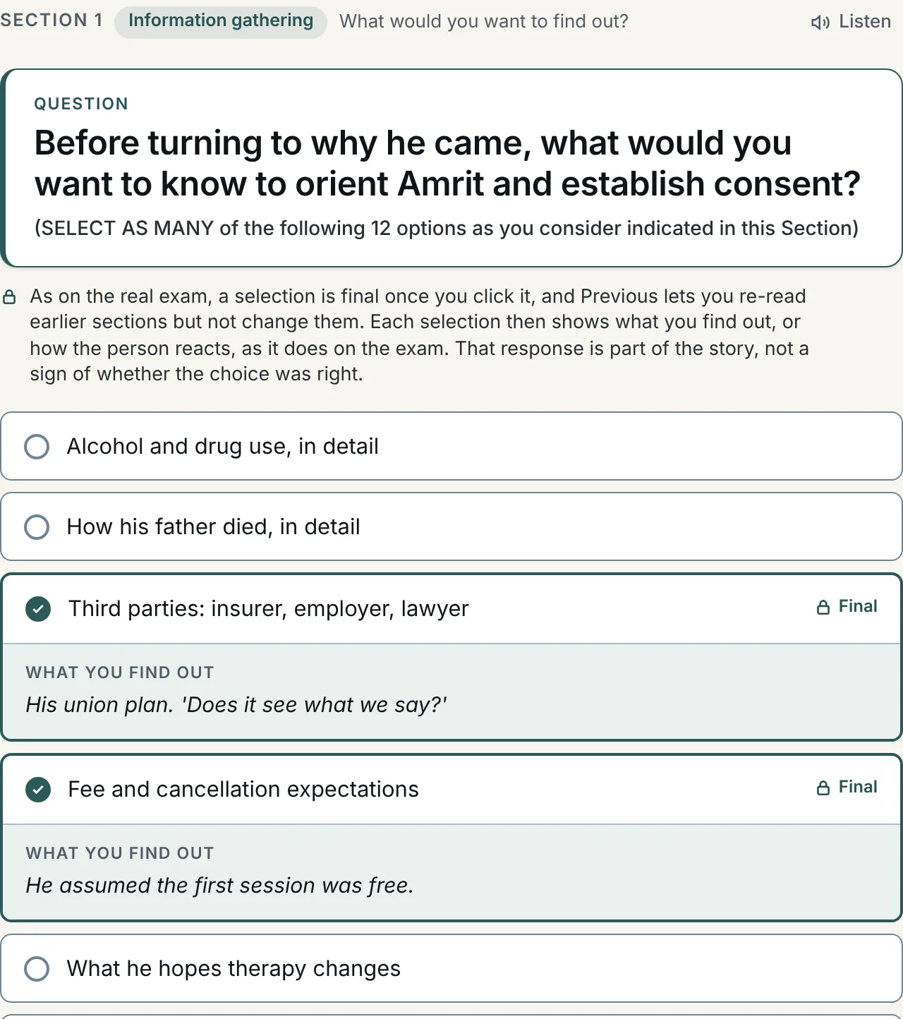 The first section of the Amrit case: the question on orienting a new client and establishing consent in its own card, two of twelve options selected, each showing what you find out.