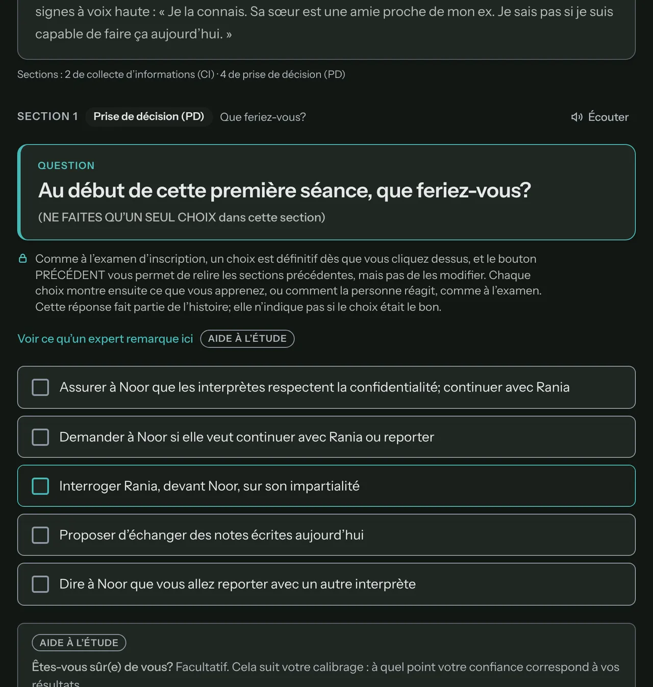 A practice case in French: Section 1, Prise de décision (PD), the question, « NE FAITES QU’UN SEUL CHOIX », and its options.