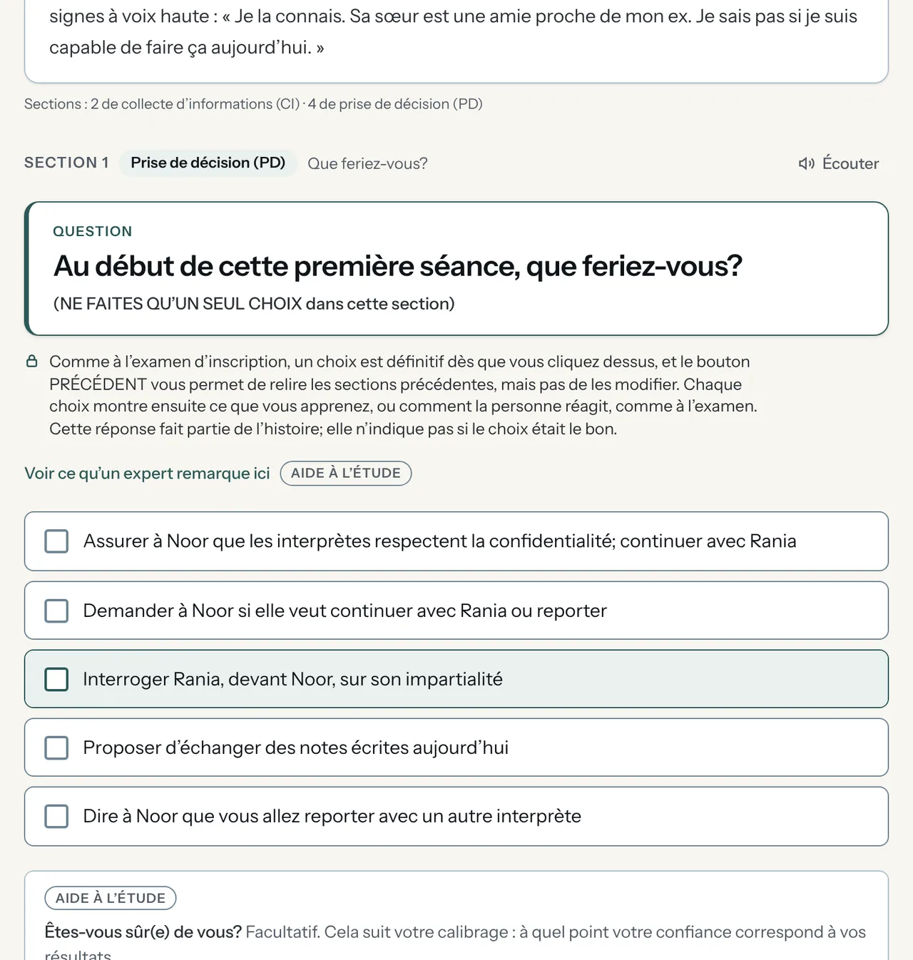 A practice case in French: Section 1, Prise de décision (PD), the question, « NE FAITES QU’UN SEUL CHOIX », and its options.