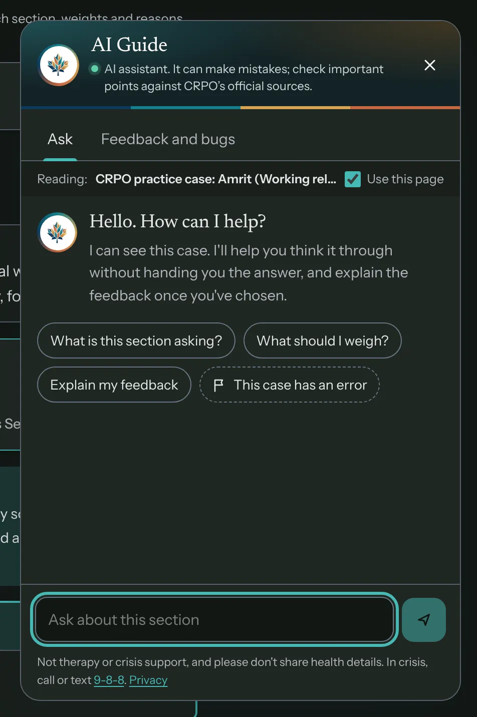The AI Guide open beside the free Amrit case, with suggested questions: what is this section asking, what should I weigh, explain my feedback.