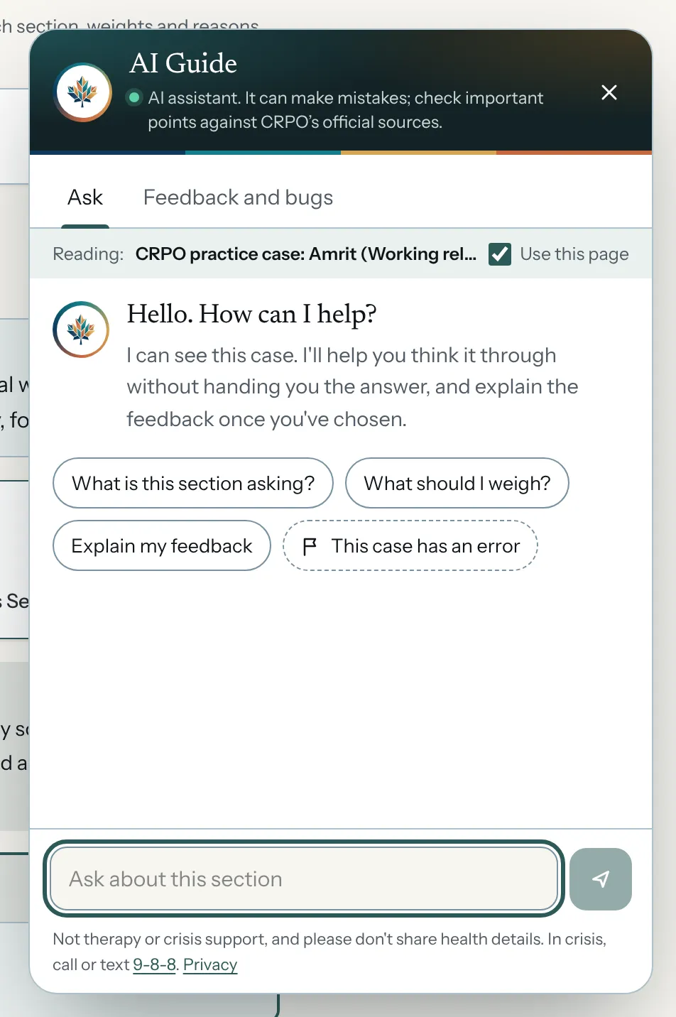The AI Guide open beside the free Amrit case, with suggested questions: what is this section asking, what should I weigh, explain my feedback.