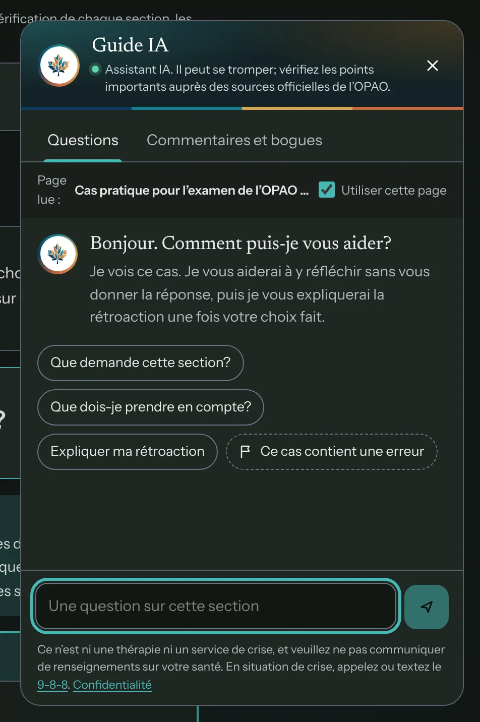 Le Guide IA ouvert à côté du cas gratuit d’Amrit, avec des questions suggérées : que demande cette section, que dois-je peser, expliquer ma rétroaction.
