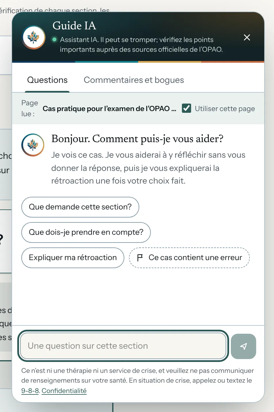 Le Guide IA ouvert à côté du cas gratuit d’Amrit, avec des questions suggérées : que demande cette section, que dois-je peser, expliquer ma rétroaction.