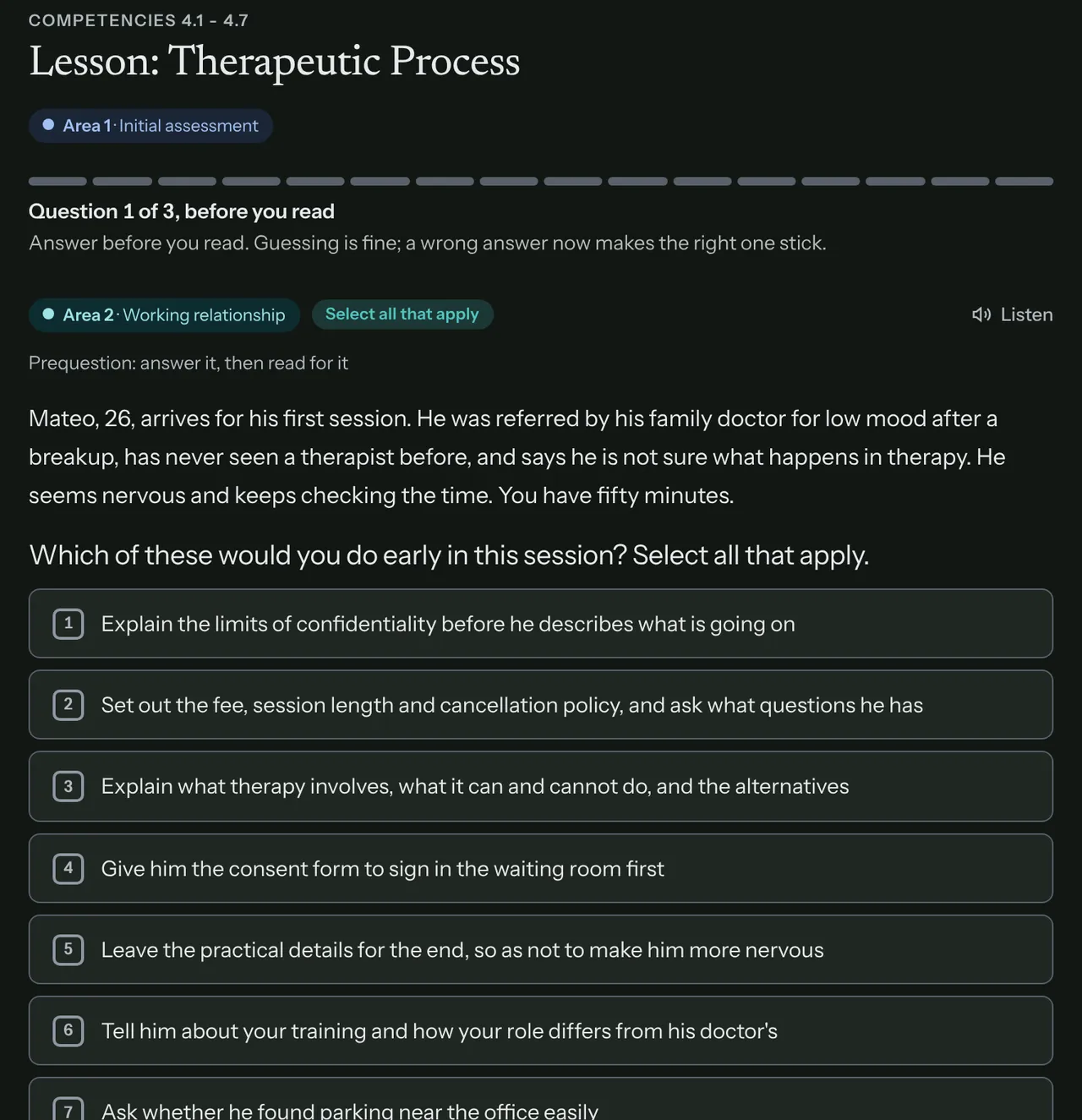 A lesson on the therapeutic process, question 1 of 3 before reading: a short client vignette and options to choose from.
