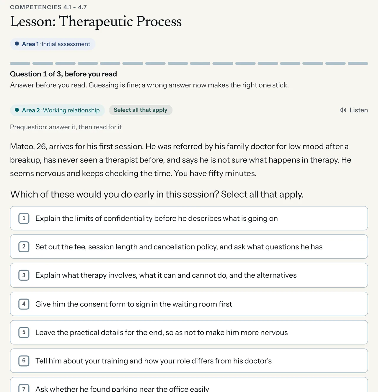 A lesson on the therapeutic process, question 1 of 3 before reading: a short client vignette and options to choose from.