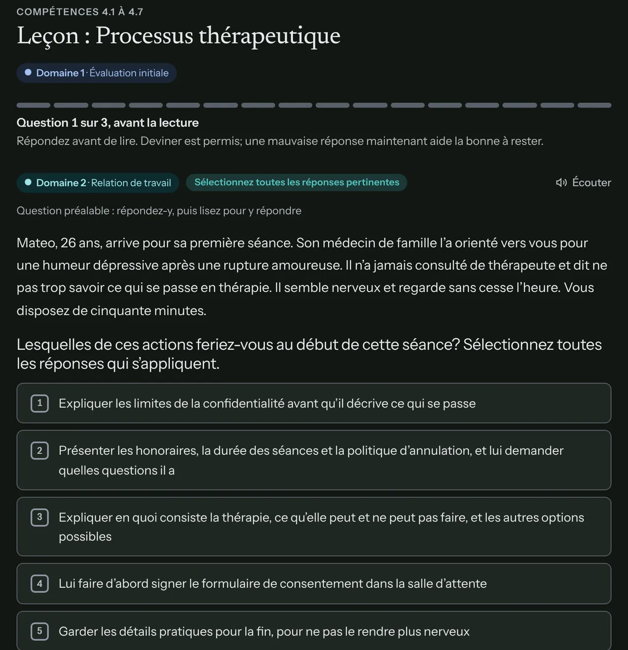 Une leçon sur le processus thérapeutique, question 1 de 3 avant la lecture : une courte vignette clinique et des options à choisir.