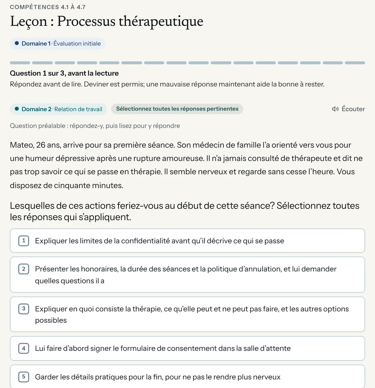 Une leçon sur le processus thérapeutique, question 1 de 3 avant la lecture : une courte vignette clinique et des options à choisir.