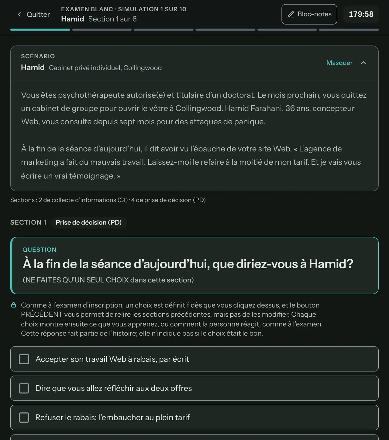 Un examen blanc en cours : simulation 1 de 10, le chronomètre à 179:58, le scénario et la première question de Prise de décision, sans rien de révélé.