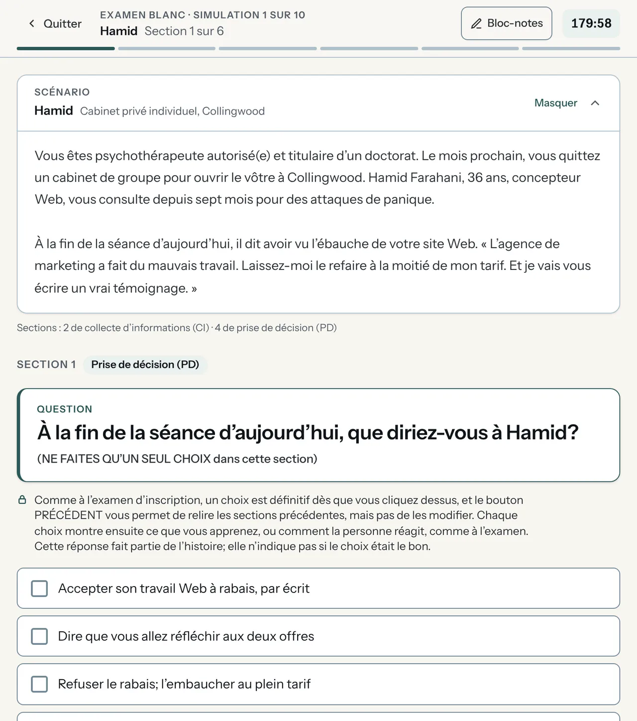 Un examen blanc en cours : simulation 1 de 10, le chronomètre à 179:58, le scénario et la première question de Prise de décision, sans rien de révélé.