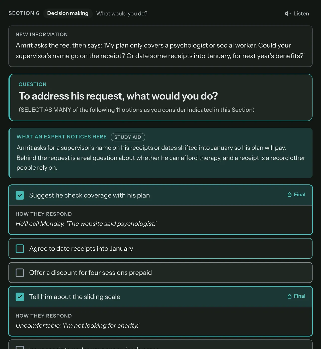 A Decision Making section of the free Amrit case: he asks for his supervisor’s name on his receipts, the question, what an expert notices, and two options chosen, each showing how he responds.