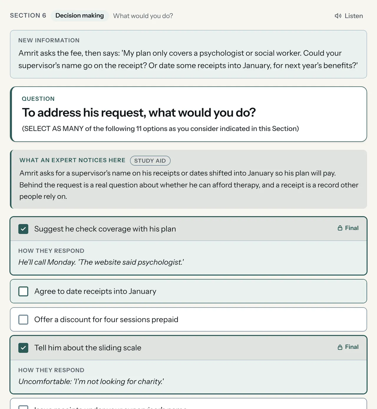 A Decision Making section of the free Amrit case: he asks for his supervisor’s name on his receipts, the question, what an expert notices, and two options chosen, each showing how he responds.
