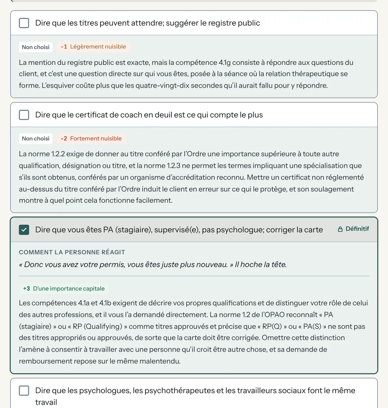 Une section validée du cas d’Amrit : chaque option avec sa pondération, de -2 à +3, et sa raison, choisie ou non.