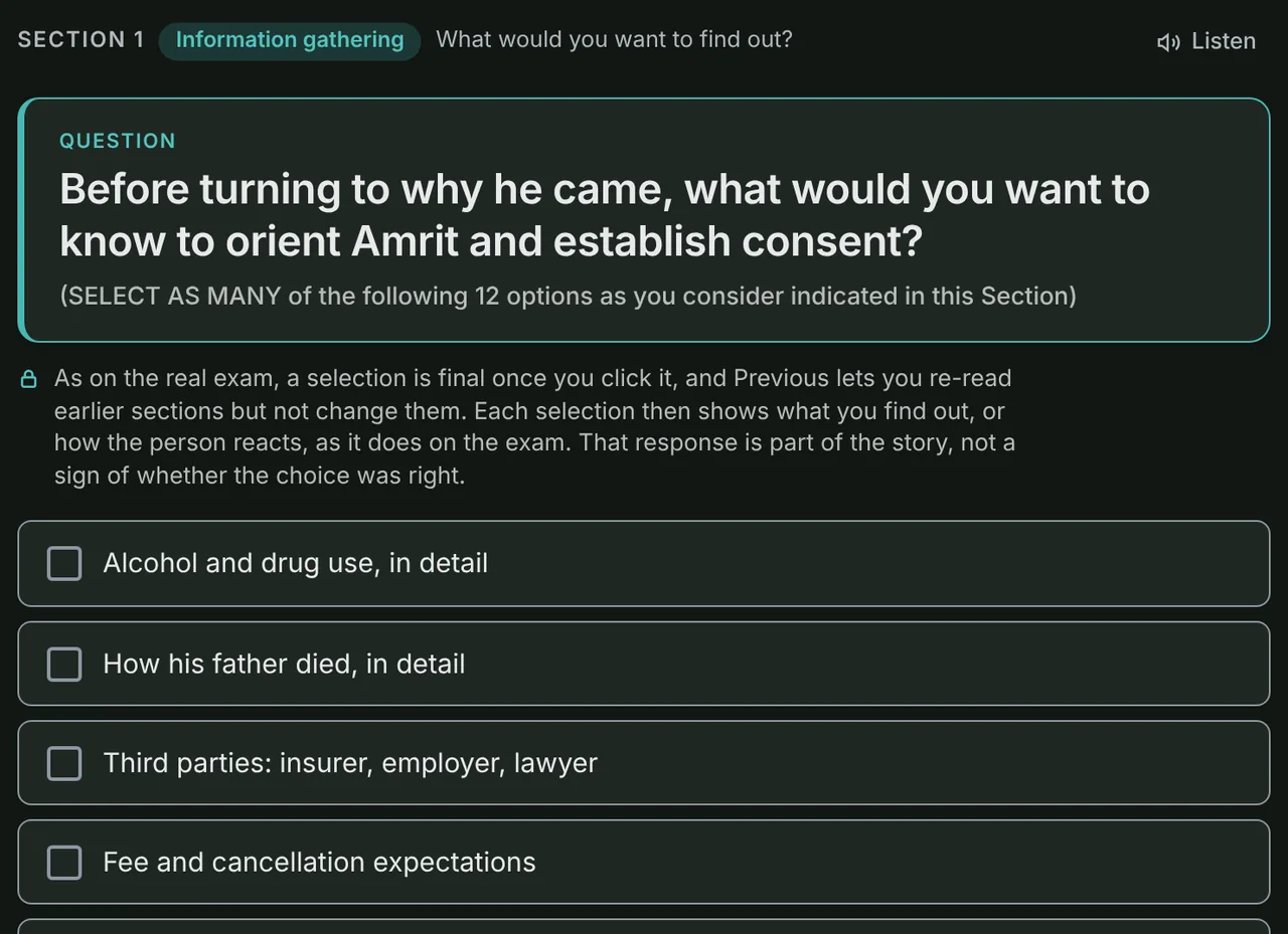 A CRPO Exam Lab practice case: an Information Gathering question about orienting a client and establishing consent, with the options to choose from.