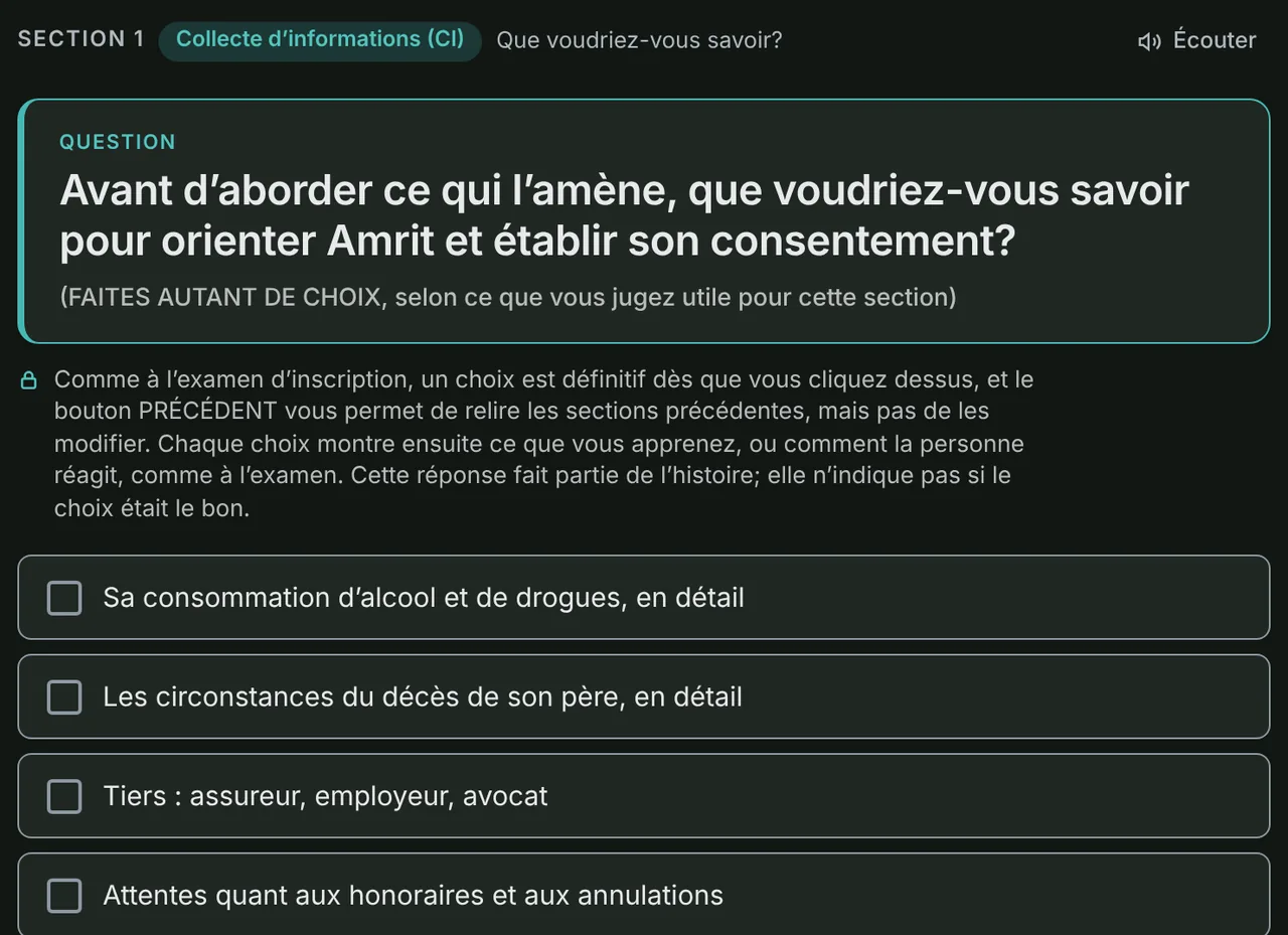 Un cas pratique du CRPO Exam Lab : une question de Collecte d’informations sur l’orientation d’un client et l’obtention du consentement, avec les options à choisir.