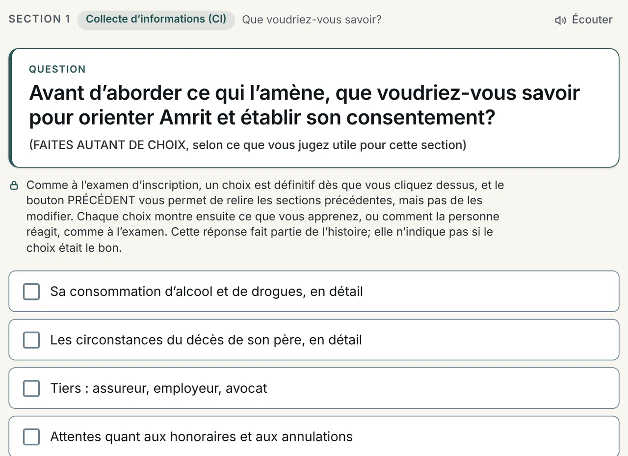 Un cas pratique du CRPO Exam Lab : une question de Collecte d’informations sur l’orientation d’un client et l’obtention du consentement, avec les options à choisir.