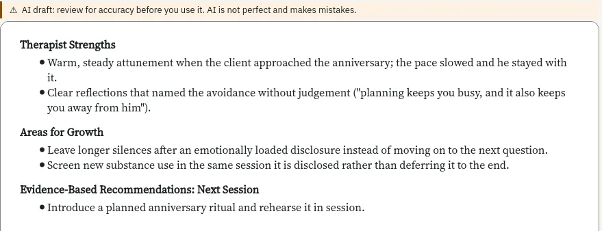 A Olive Grove clinical review under a banner that reads: AI draft, review for accuracy before you use it. It lists the therapist’s strengths, areas for growth and evidence-based recommendations for the next session. Made-up session.